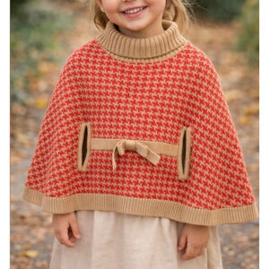 Girls Janie and Jack Carriage House Houndstooth Cape Poncho Size 8 Red Beige